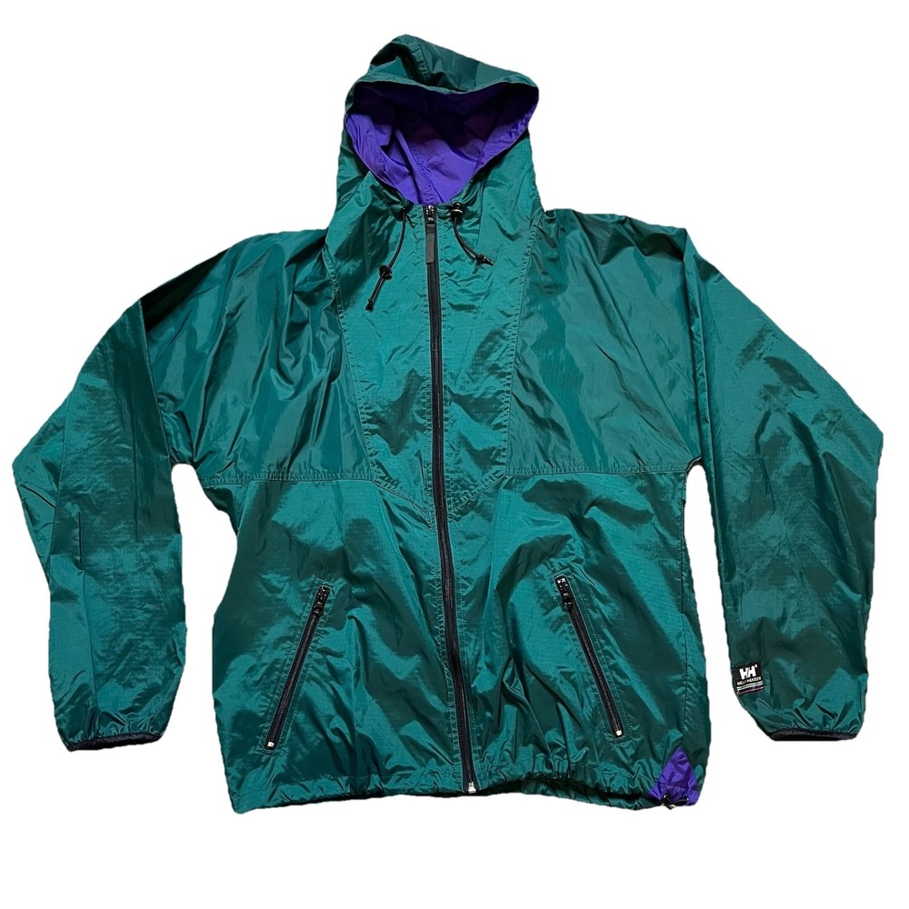 VTG Helly Hansen Anorak Rain Coat Jacket M Green Zip Hood Windbreaker Packable